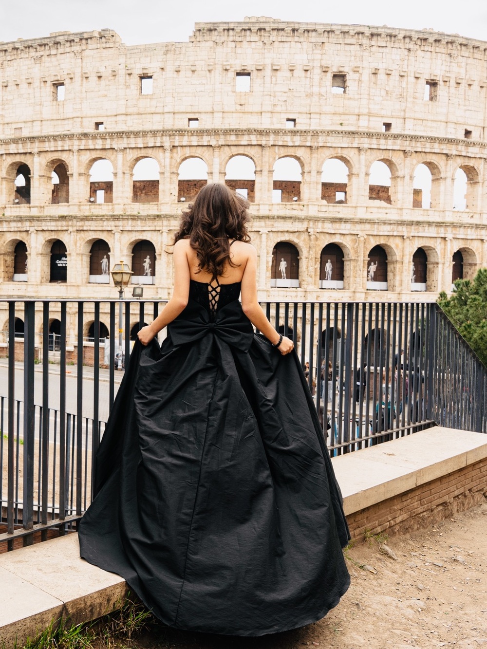 Camille La Vie Black Satin Backless Ball Gown with Bow Detail